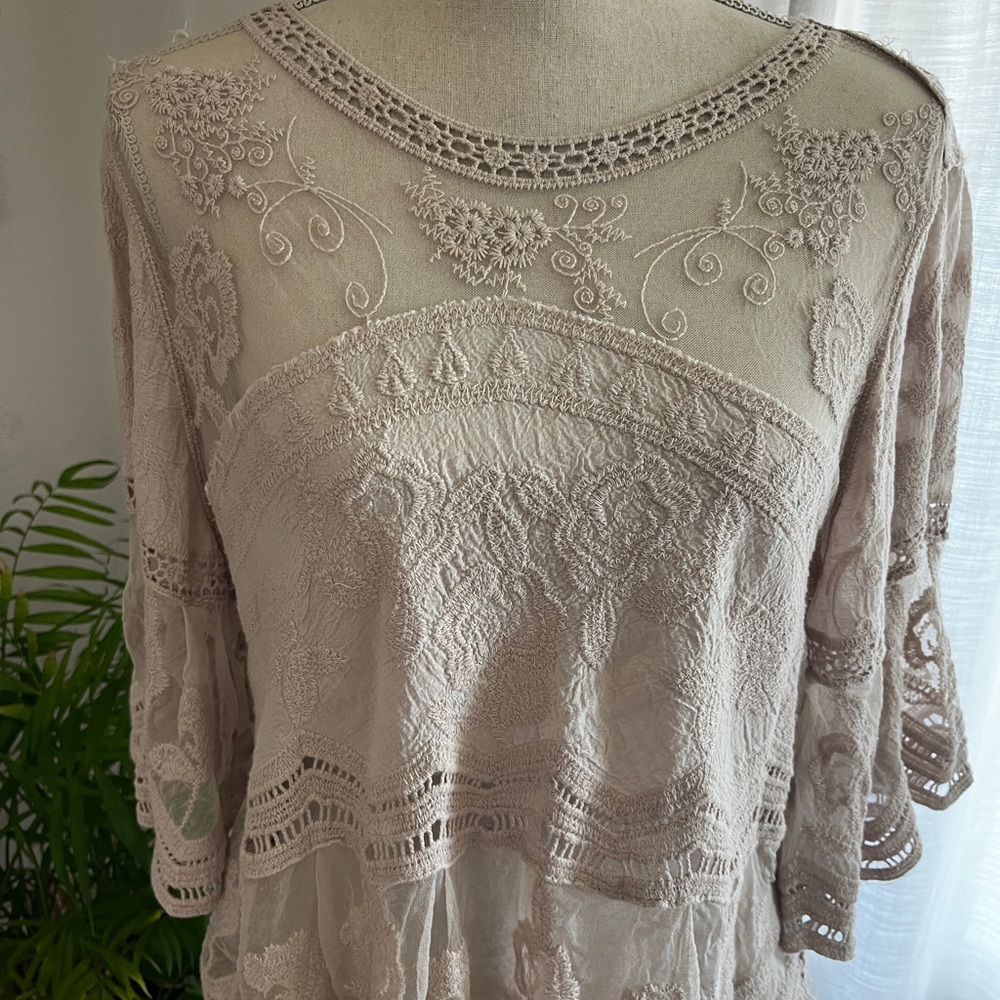 Pretty Embroidered Lace Boho Top in Light taupe tan color bell sleeves